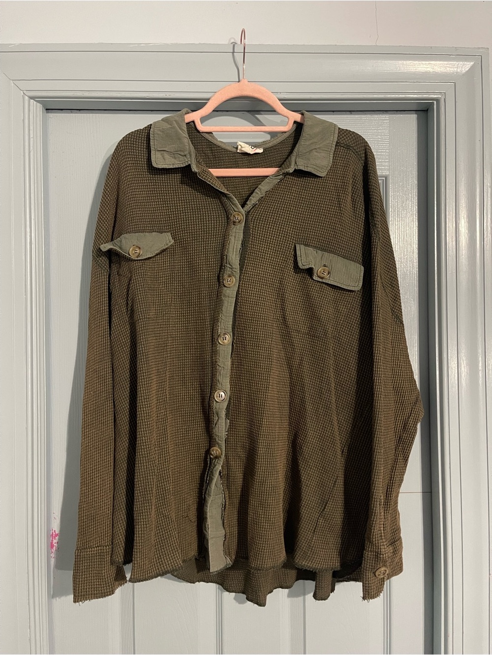 BiBi Olive Green Waffle Knit Button-Down Top